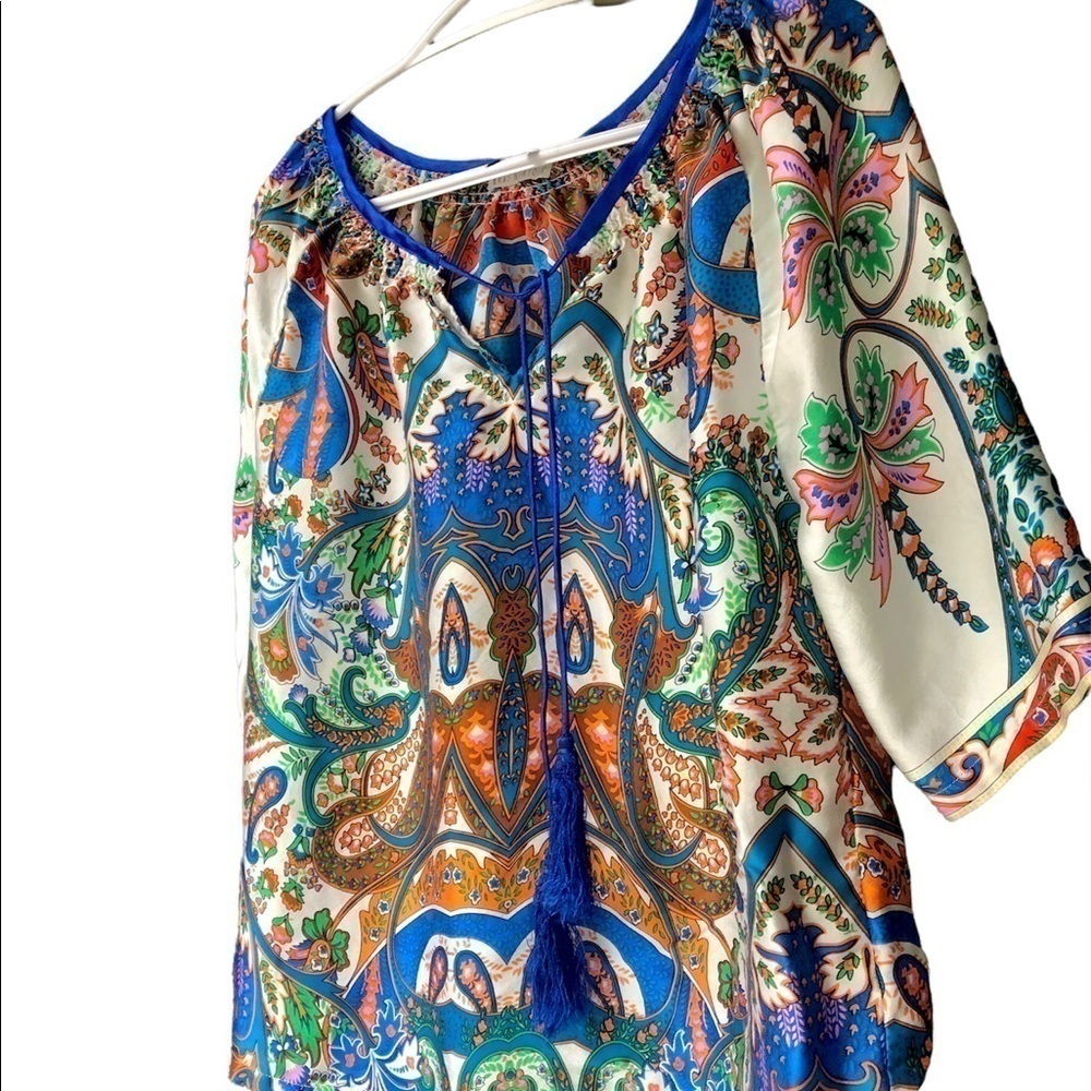 ANTHROPOLOGIE Kas New York silk Top Size XXS Ivory Floral 3/4 sleeve blouse - Picture 7 of 8